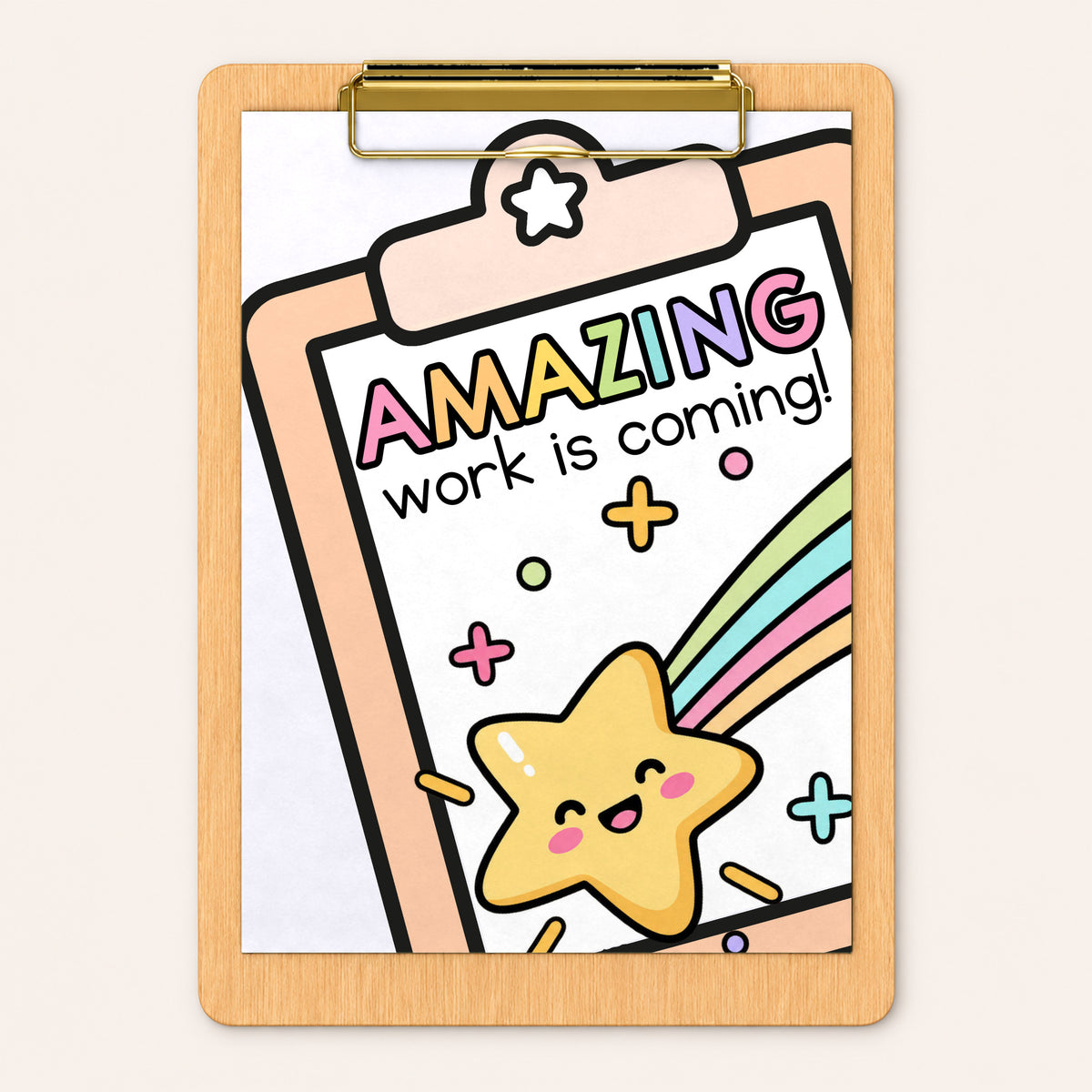 Blue Amazing Work Coming Soon shooting star poster on a clipboard, Bright colours