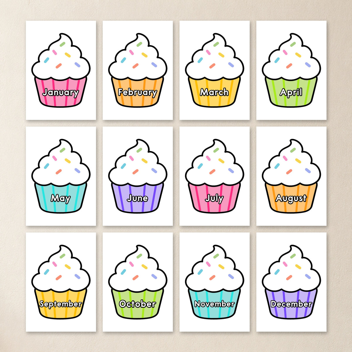 Twelve month birthday cupcakes, Bright colours