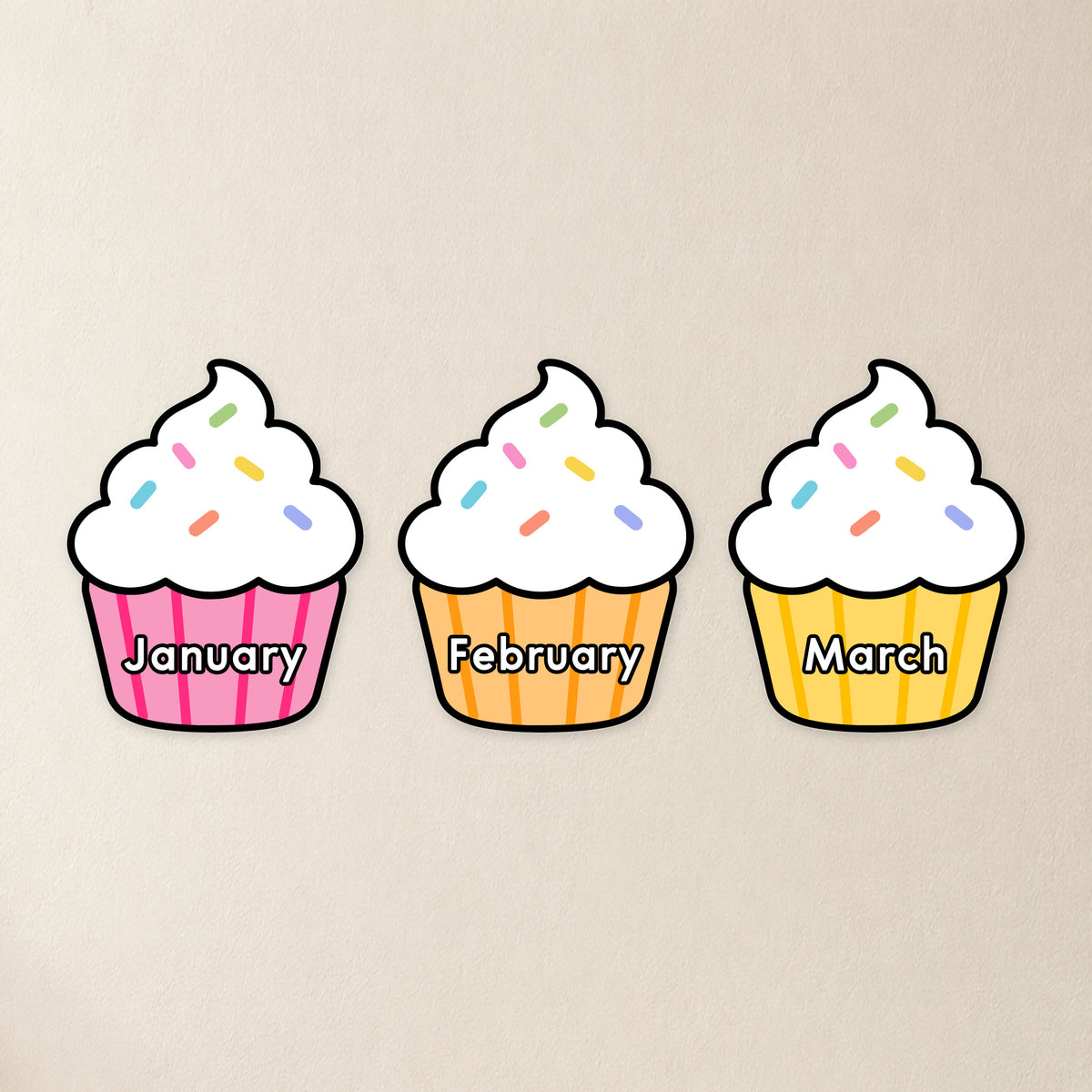 Three cut-out birthday cupcakes, Bright colours