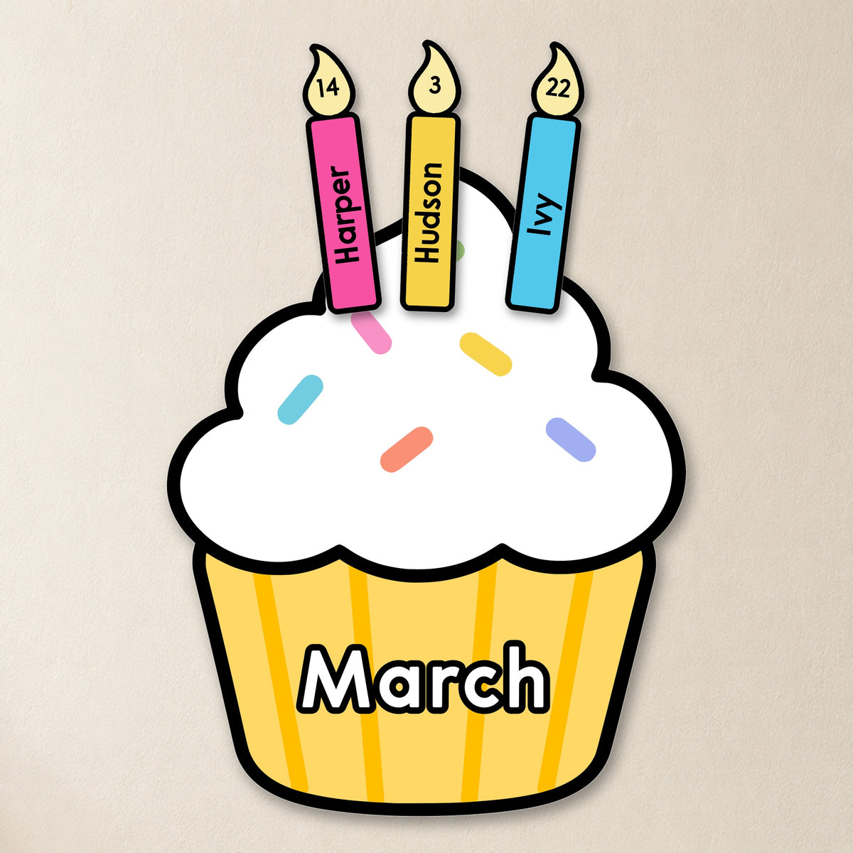Birthday cupcakes with name candles, Bright colours