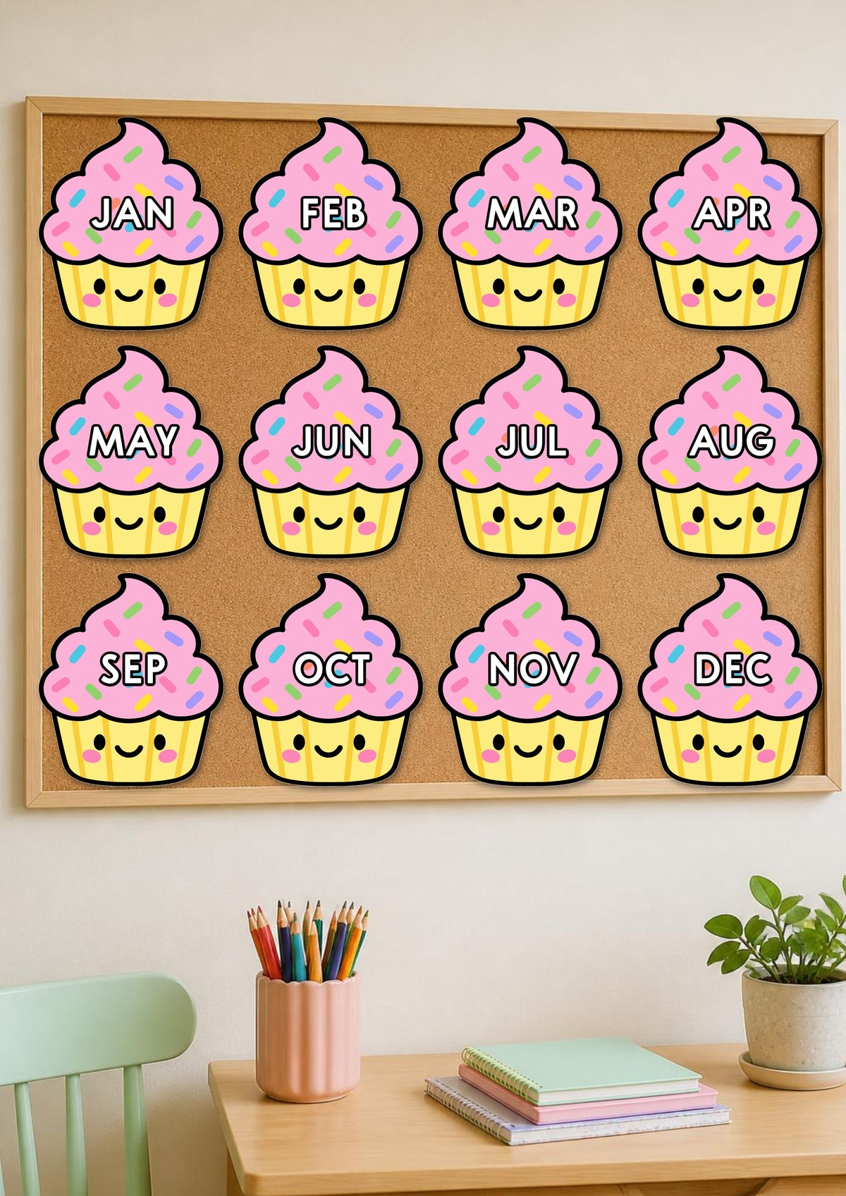 Pink birthday cupcakes pinned on a pinboard, Bright colours
