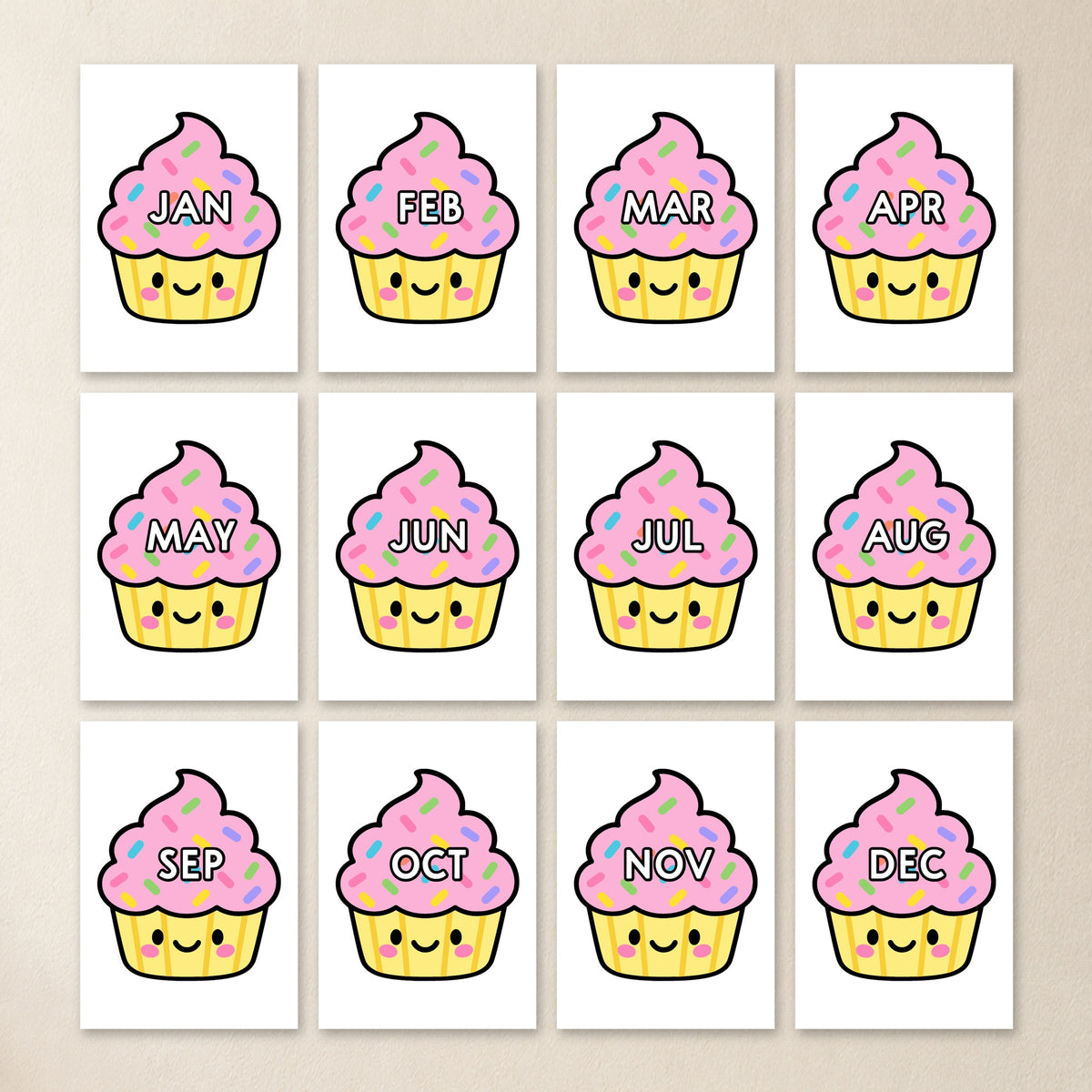 Twelve pink month birthday cupcakes, Bright colours