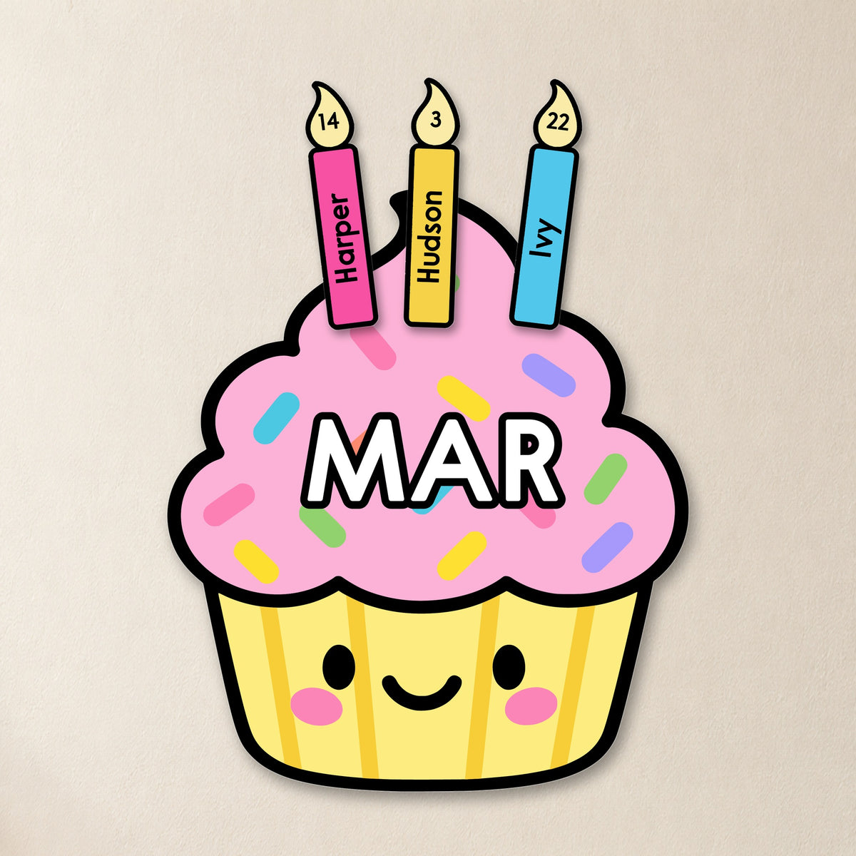 Pink birthday cupcakes with name candles, Bright colours