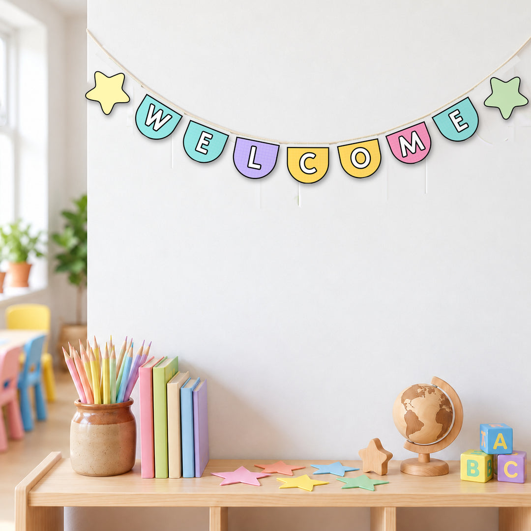 Swallowtail bunting spelling WELCOME with star pennants across a classroom, Bright colours