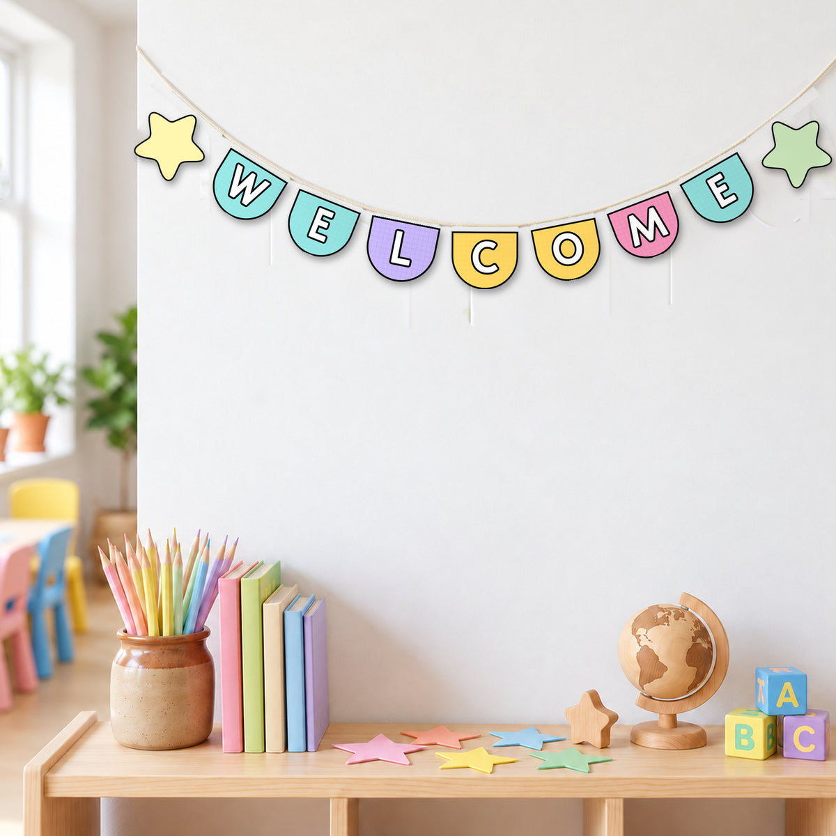Swallowtail bunting spelling WELCOME with star pennants across a classroom, Bright colours