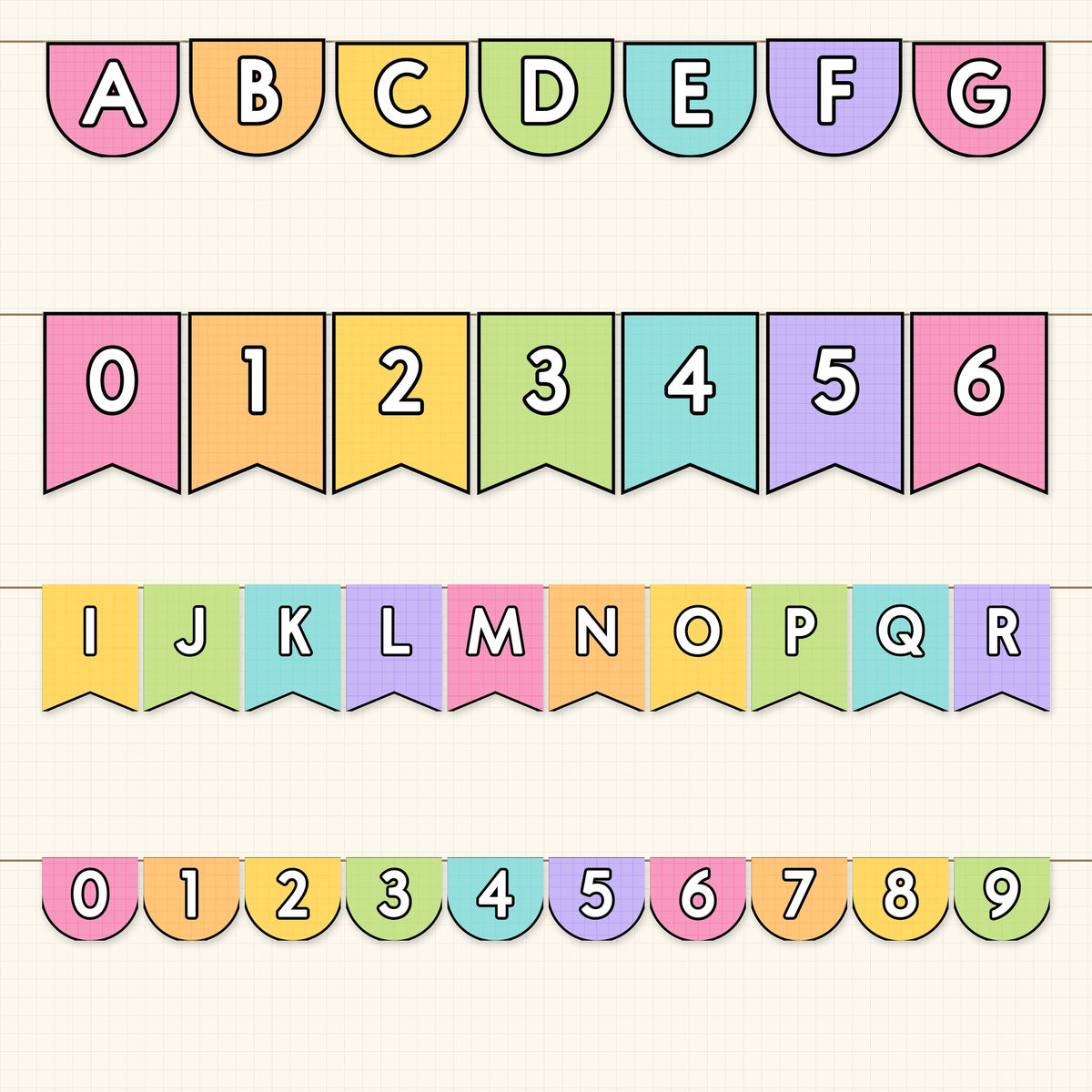 Strings of letter and number bunting in a classroom mock-up, Bright colours