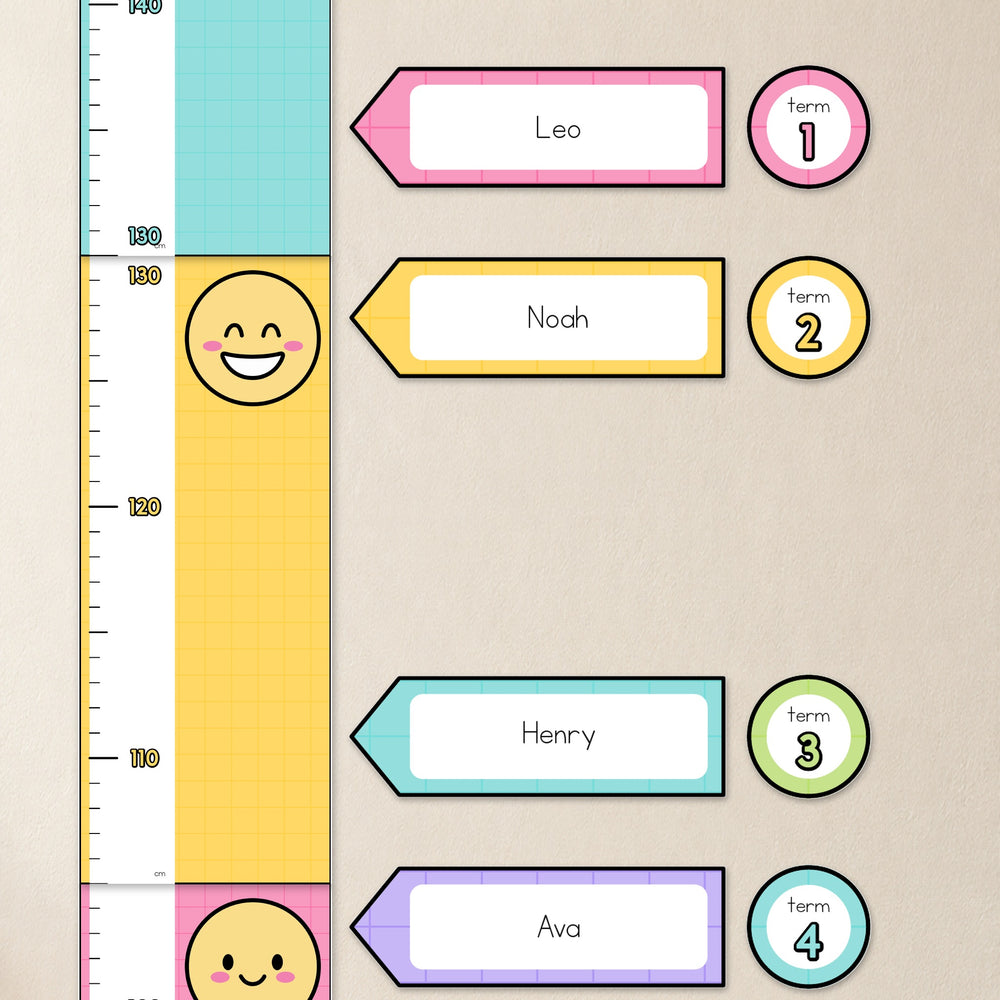 Close-up of the class height chart with name arrows, Bright colours