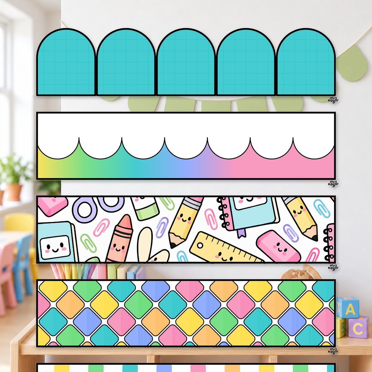 Printable classroom borders in eight styles, Bright colours