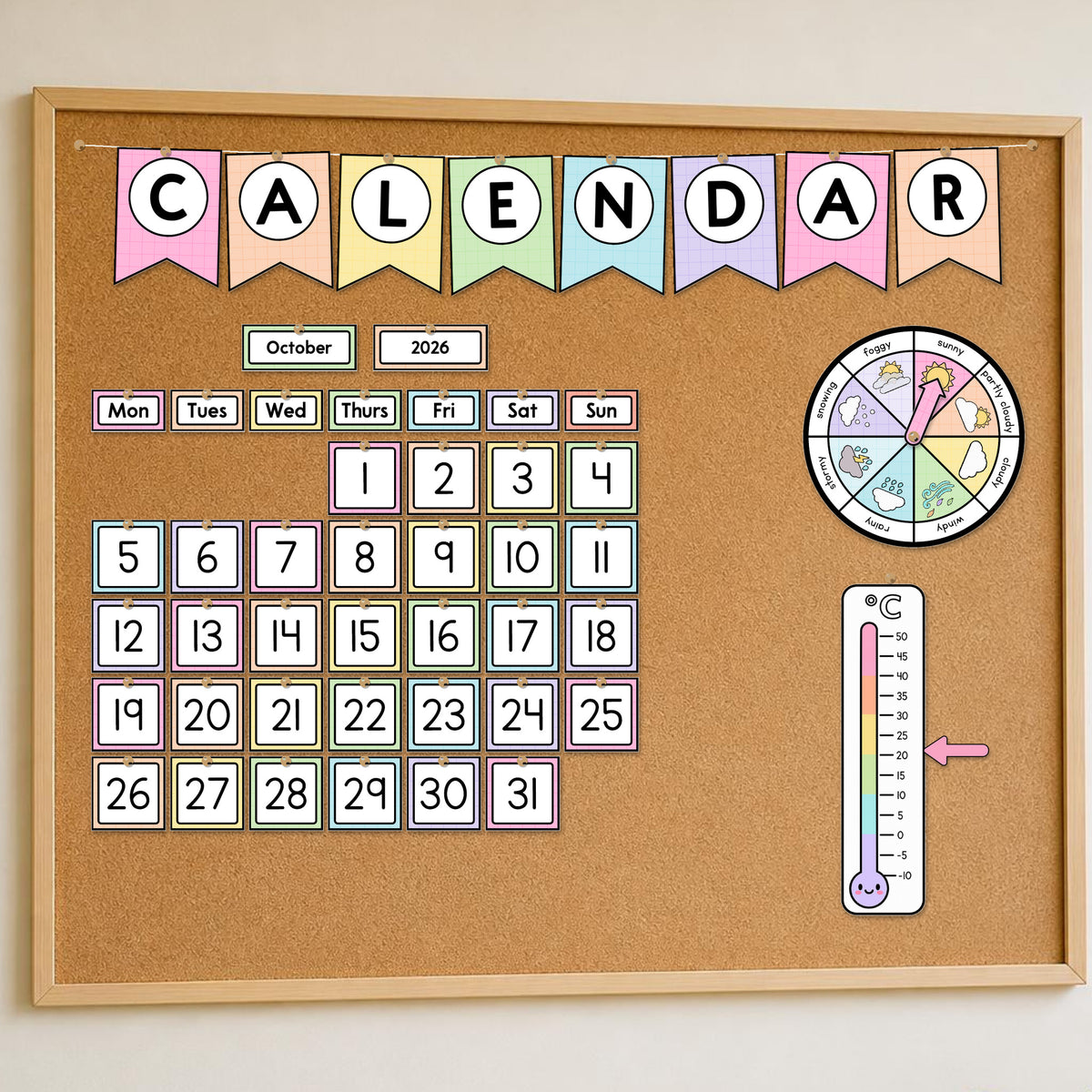 Classroom calendar display pinned on a pinboard at true scale, Bright colours