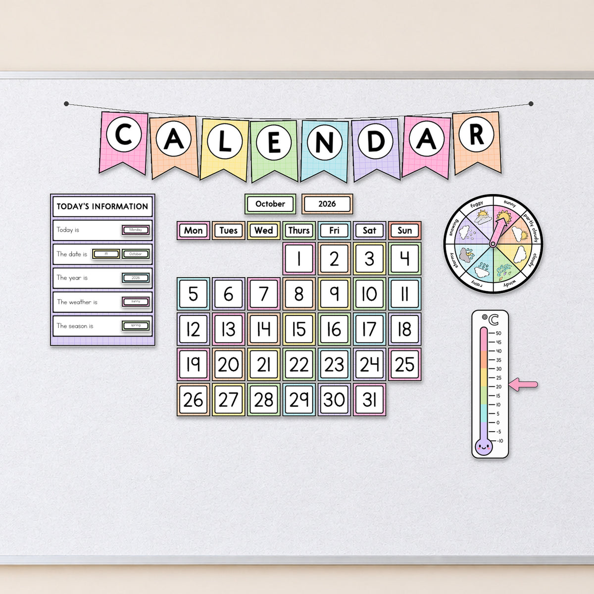 Full classroom calendar set up close, with date, weather and event cards, Bright colours