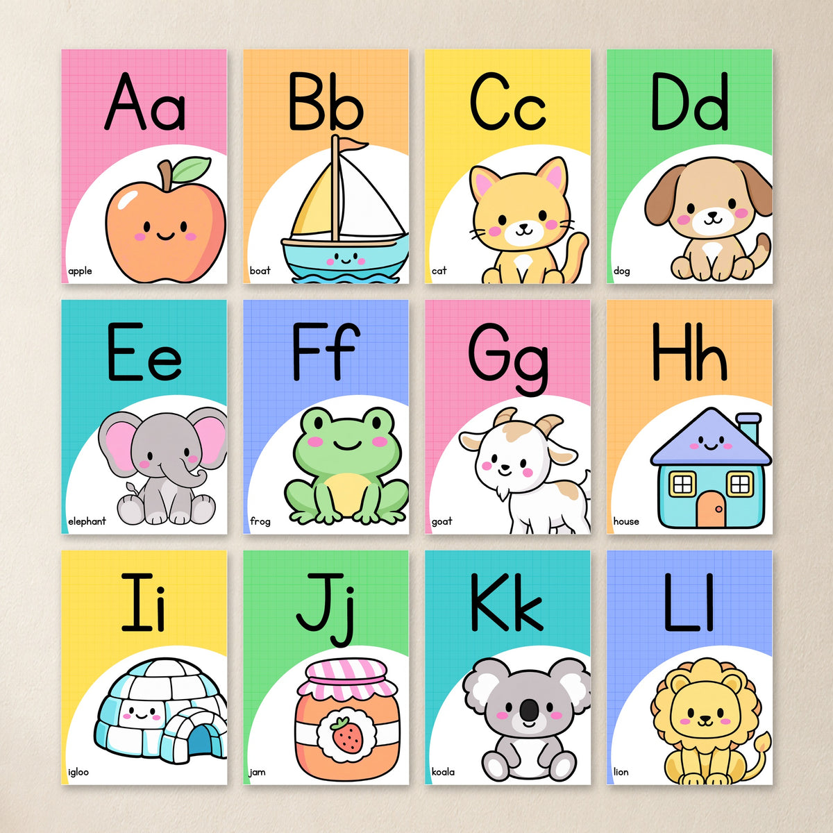 Rounded alphabet posters A to L in Bright colours