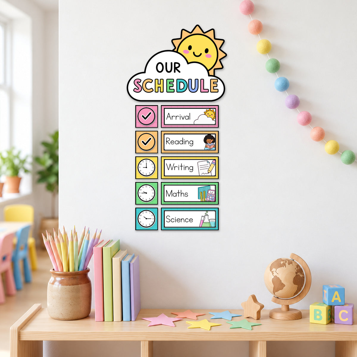 Bright visual schedule cards on a classroom shelf wall