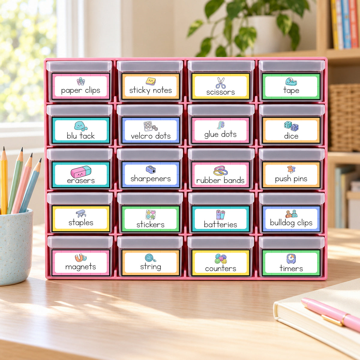 Bright teacher toolbox labels on a desk organiser