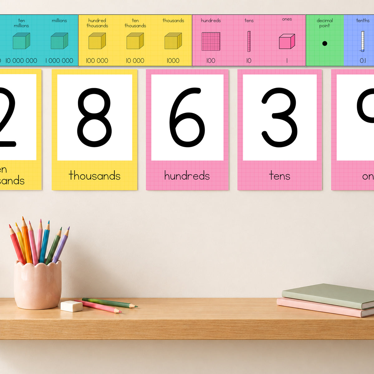 Bright place value line displayed above the place value posters