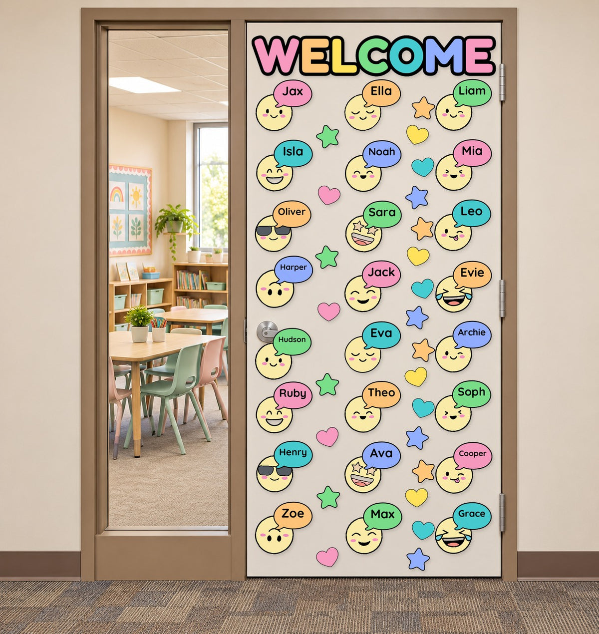 Bright welcome door display with faces and name cards on a classroom door
