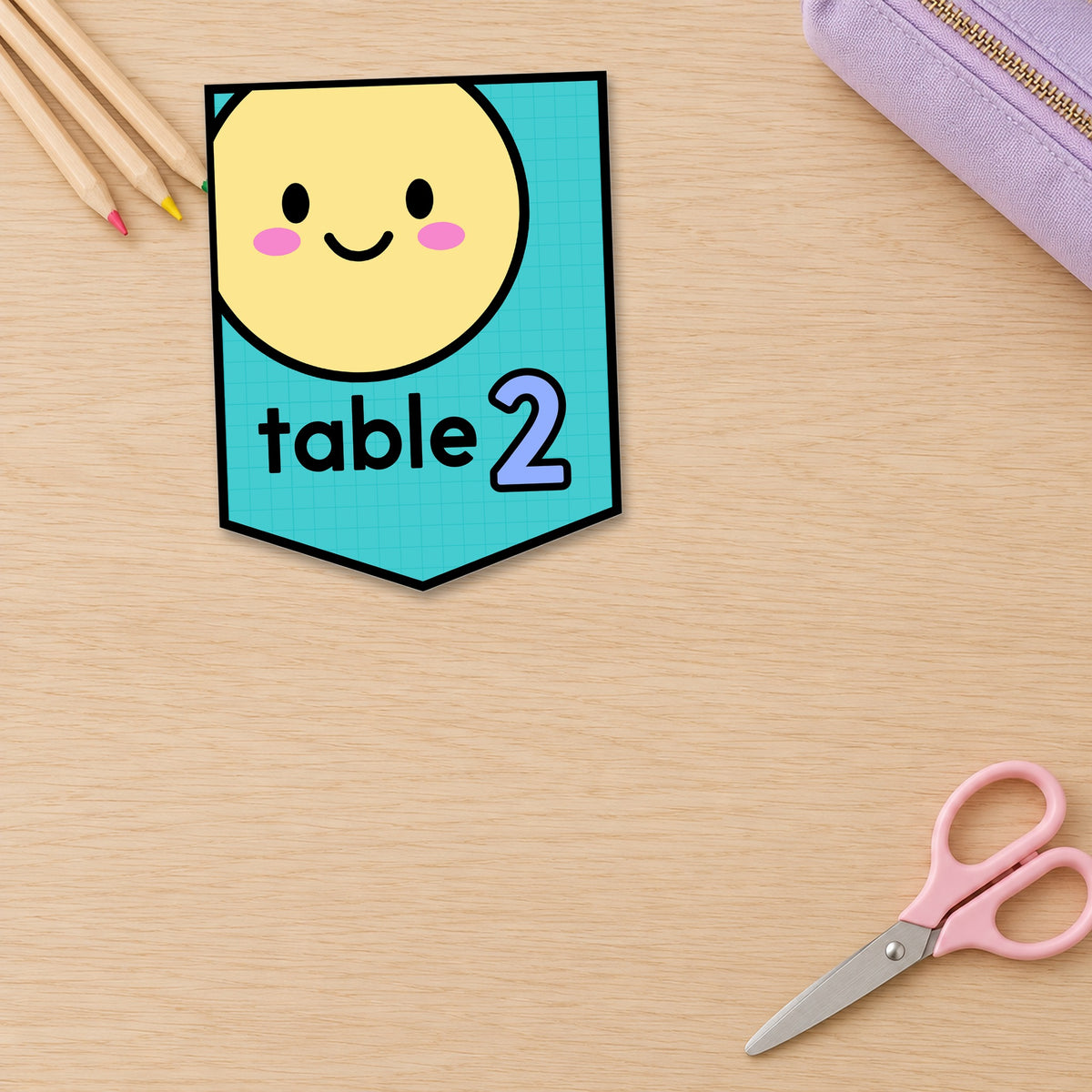 Bright table number pennant standing on a student desk