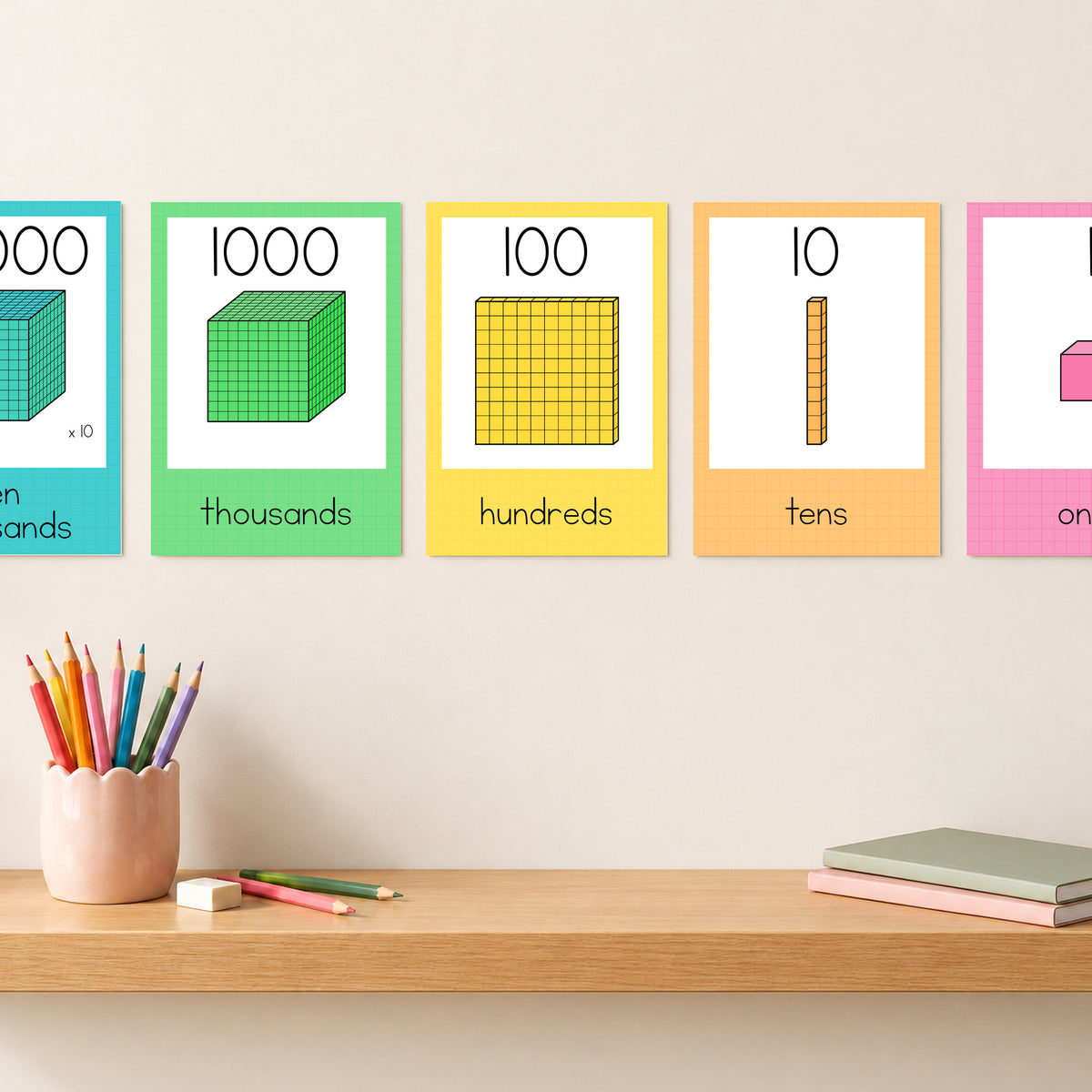 Bright MAB place value charts on the classroom wall