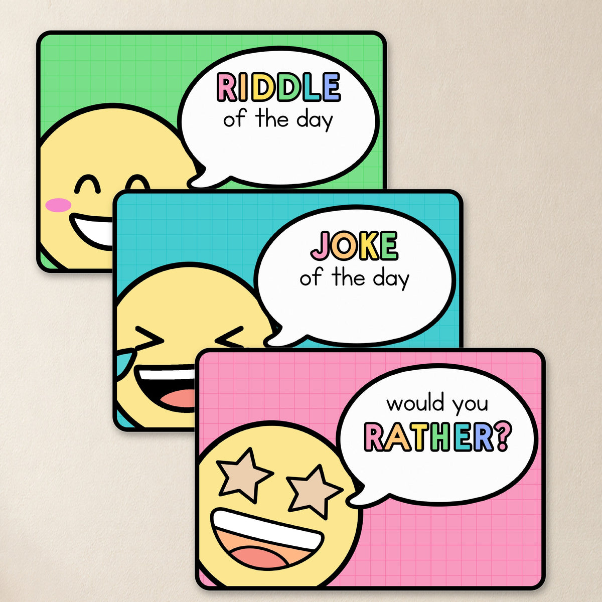 Riddle, joke and would you rather of the day headers in Bright colours