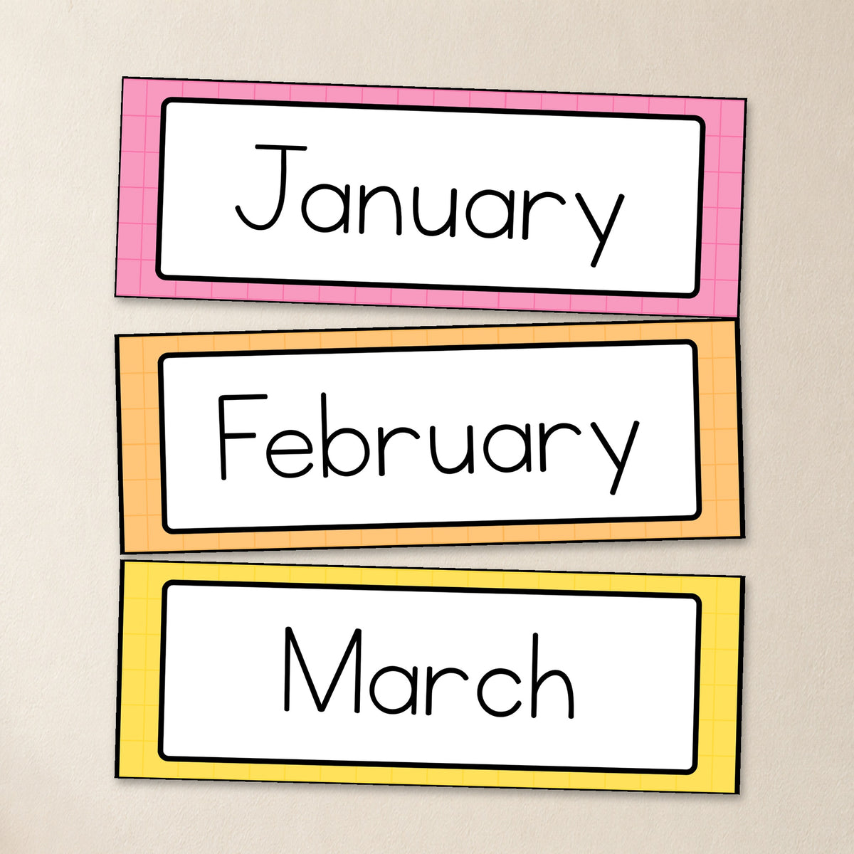 Three large months of the year cards in Bright colours