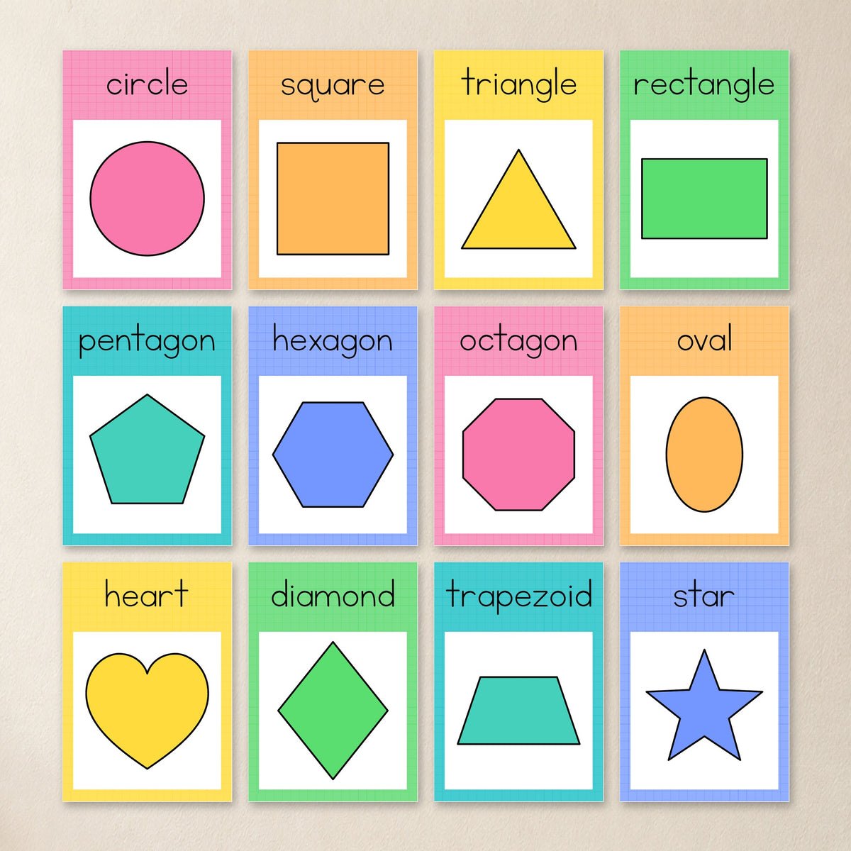 Twelve 2D shape posters in Bright colours