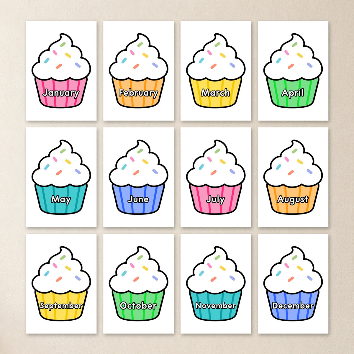 Twelve birthday cupcake month posters in Bright colours