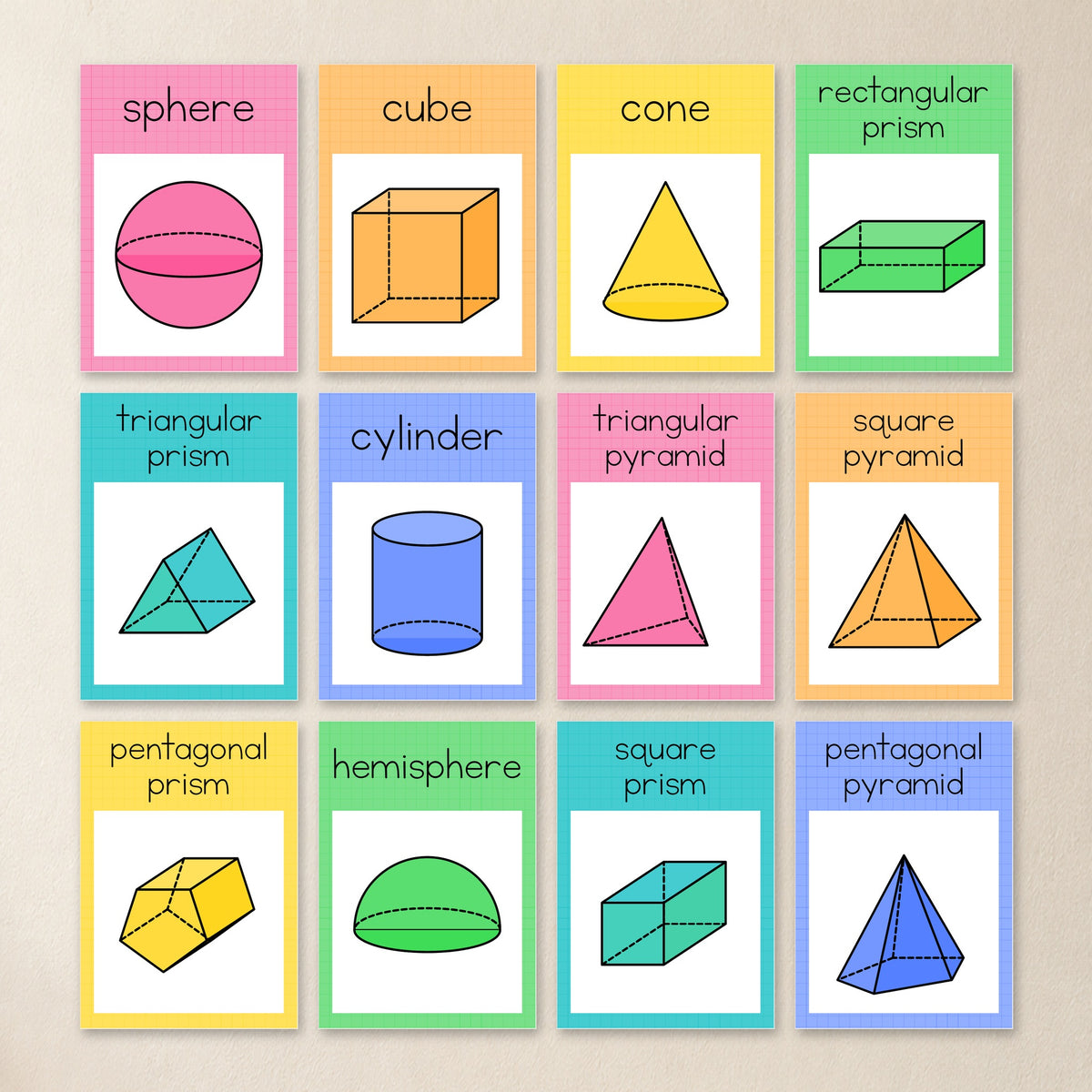 Twelve 3D object posters in Bright colours