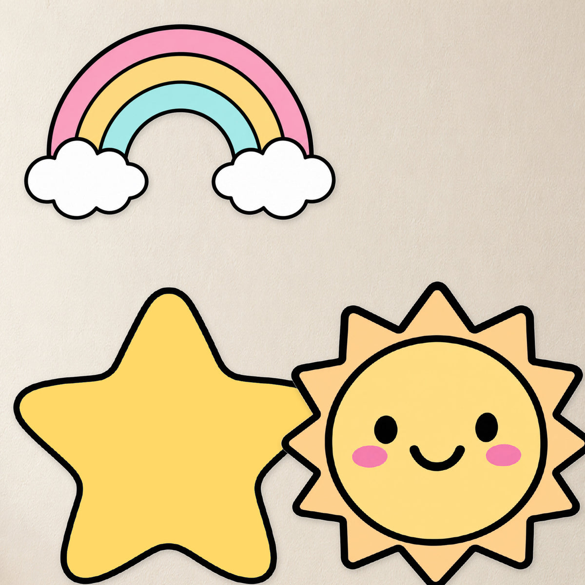 Rainbow, star and sun garland pieces shown large, Bright colours