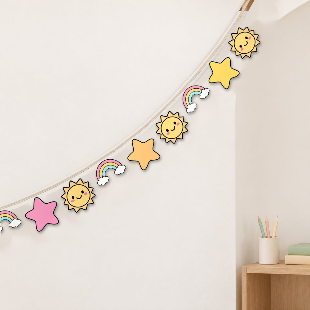 Clipart garland strung across a classroom wall, Bright colours