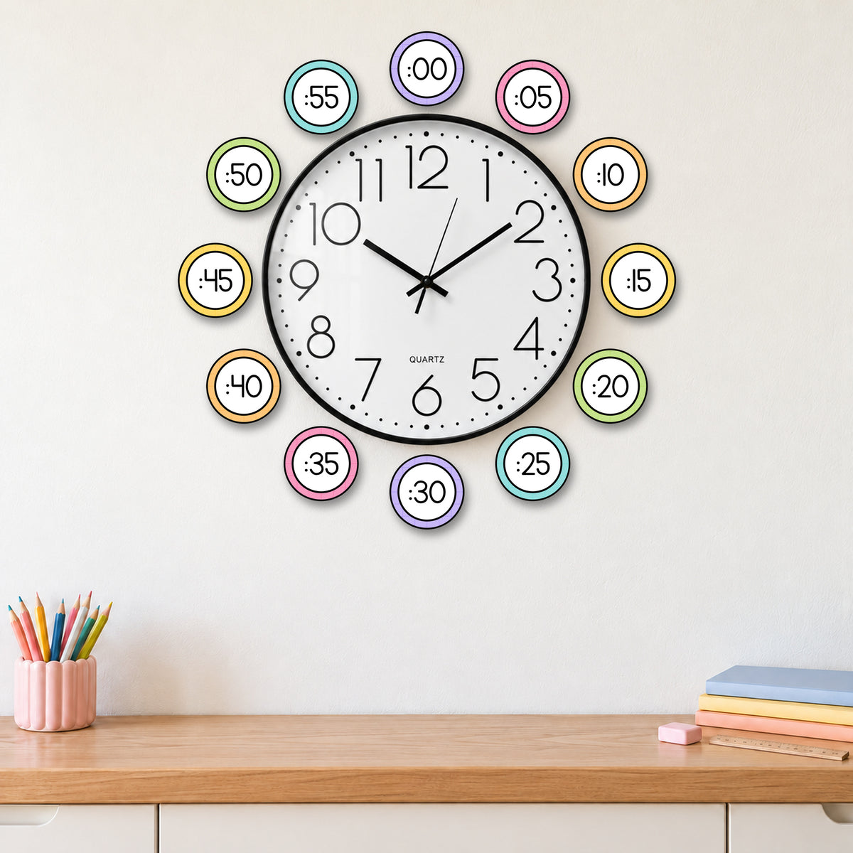 Clock minute label circles, Bright colours
