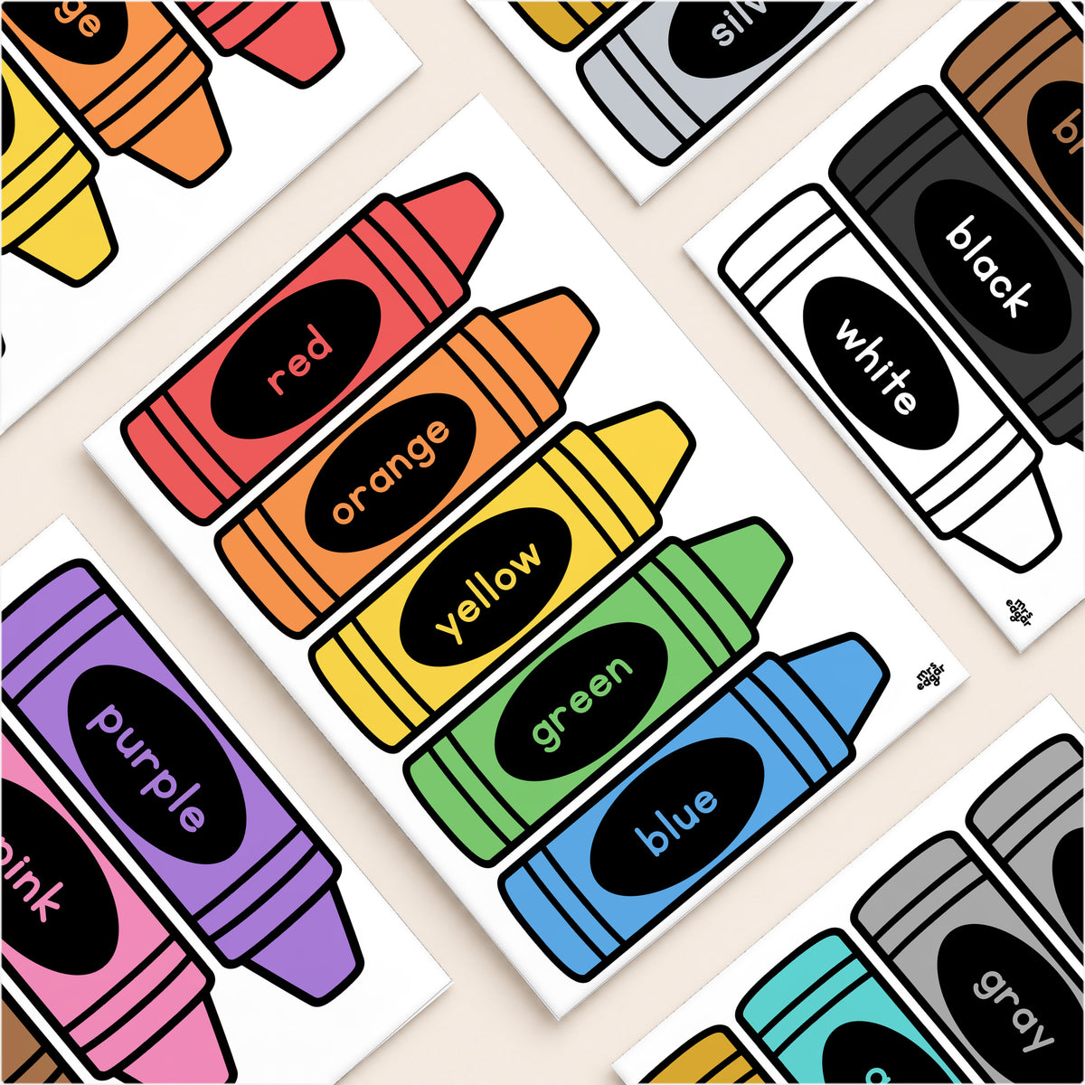 Flat lay of black-oval colour crayon cards, Bright Classroom Decor