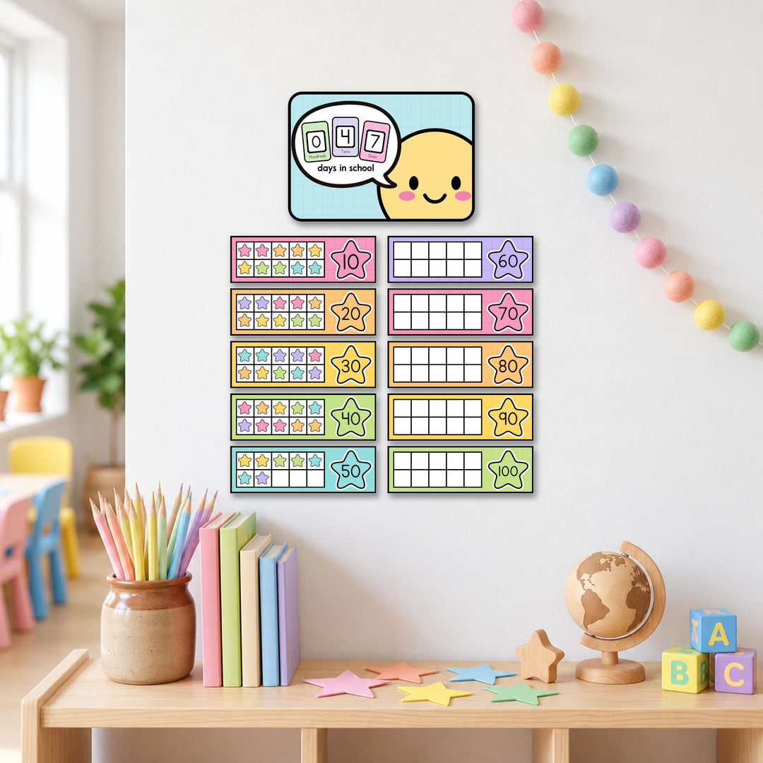 Days in School counter with speech-bubble heading on a classroom wall, Bright colours