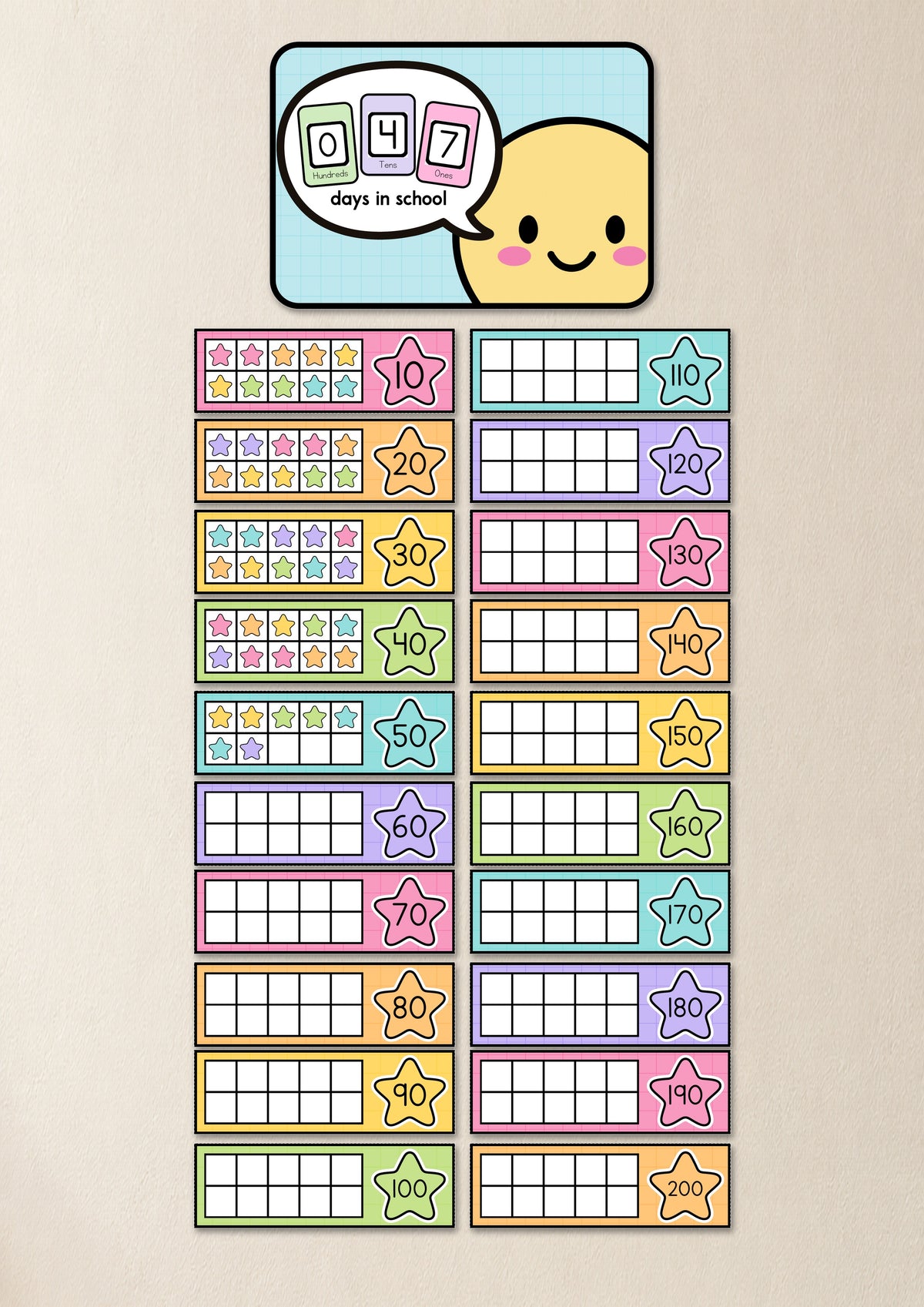 Tall Days in School display with chart and ten-frame strips, Bright colours