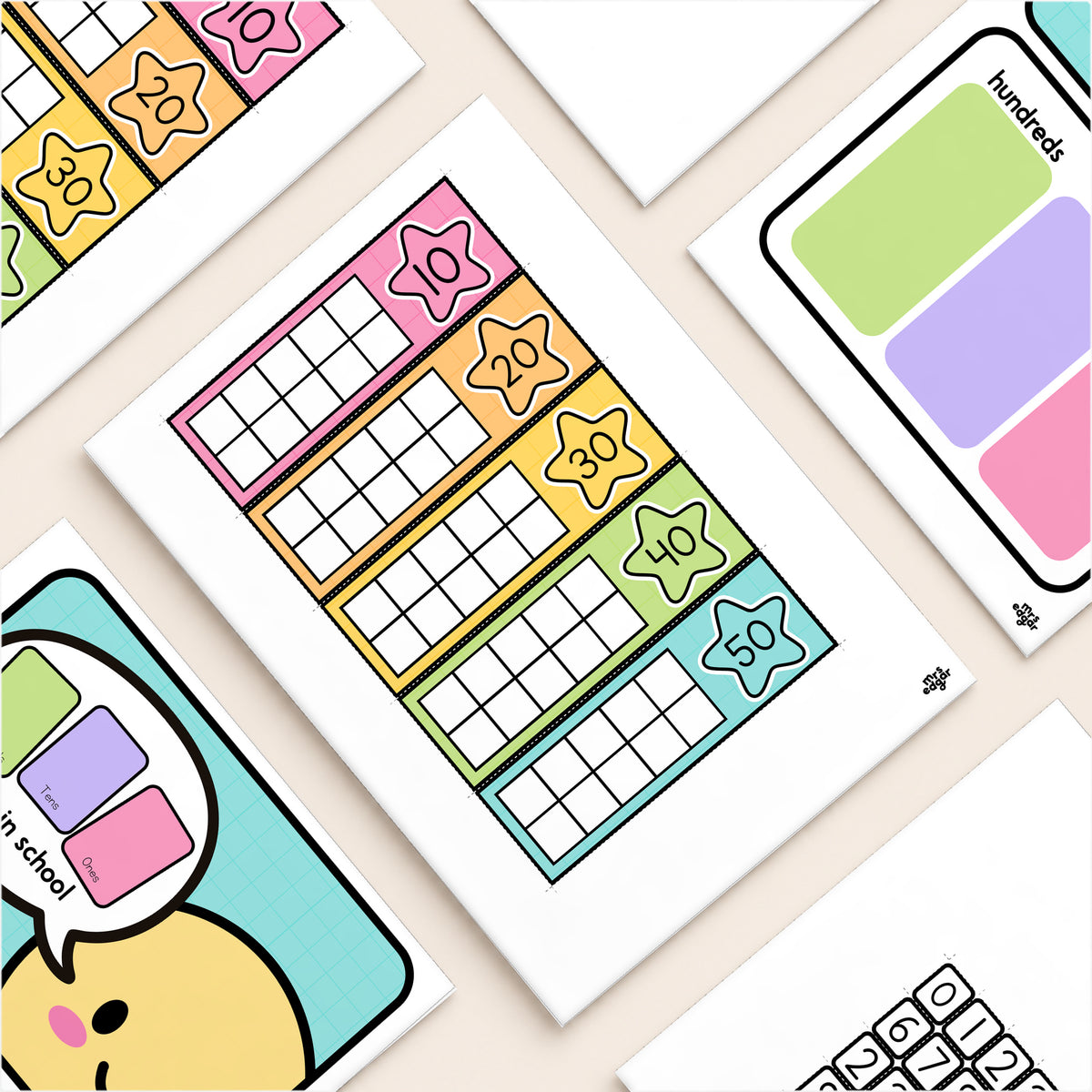 Flat lay of Days in School digit cards and ten frames, Bright colours