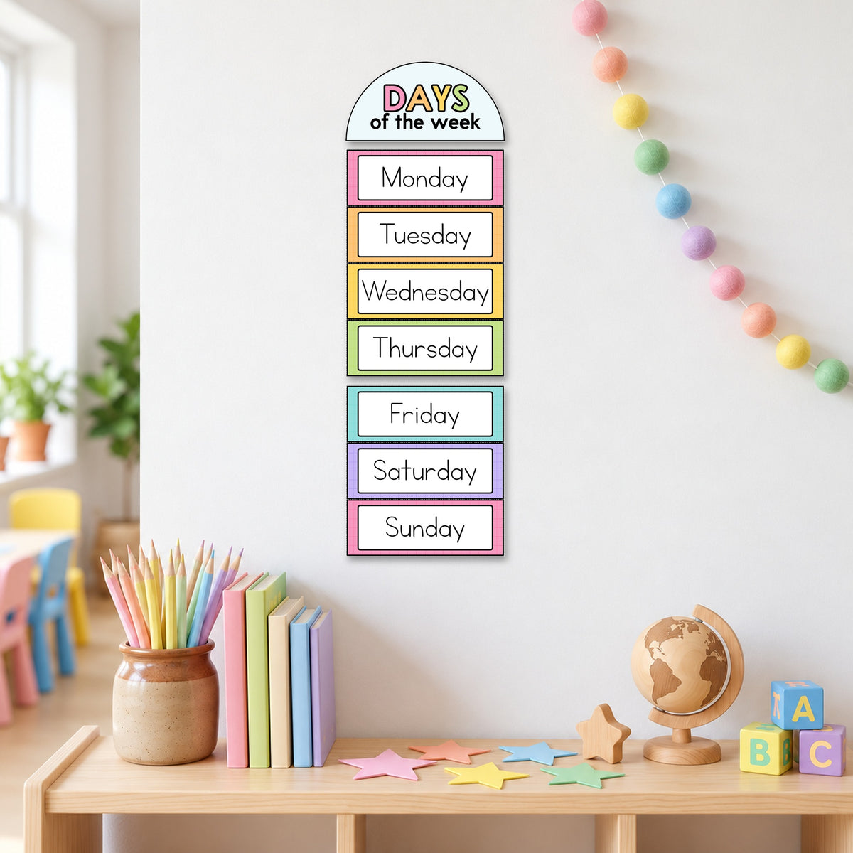 Days of the week cards displayed in a column, Bright colours