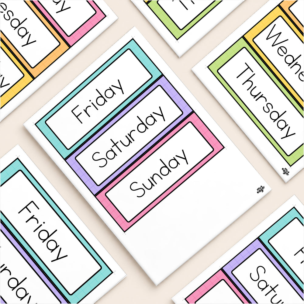 Flat lay of arch-topped days of the week cards, Bright colours