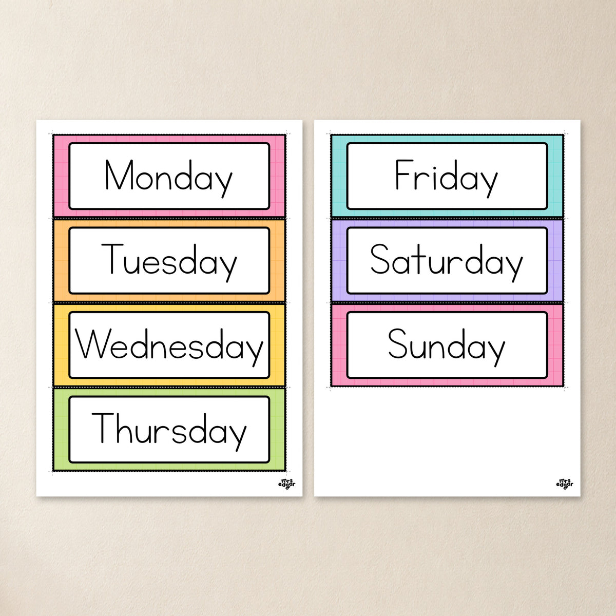 Days of the week PDF pages, Bright colours