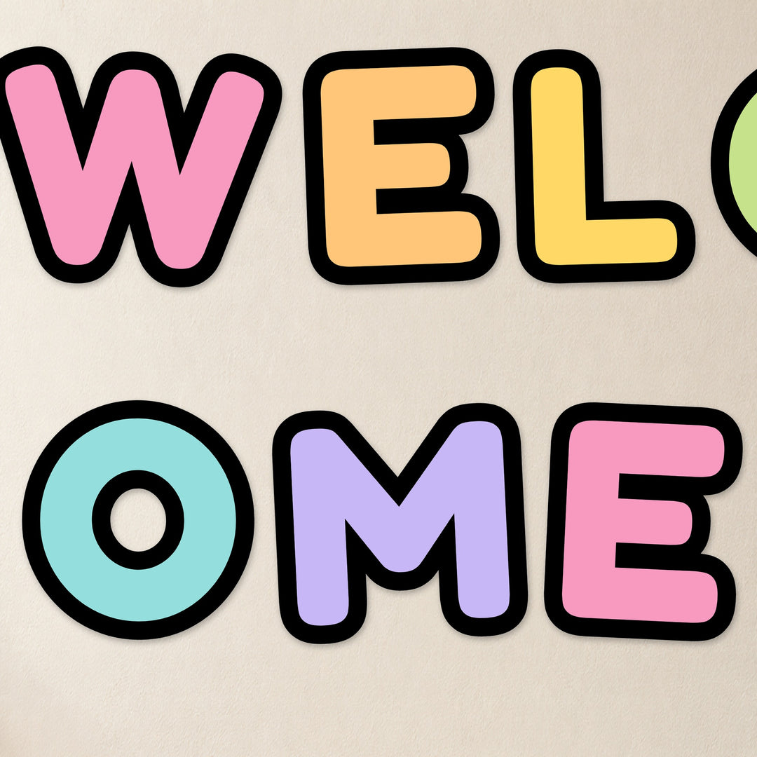 Display letters spelling WELCOME, Bright colours