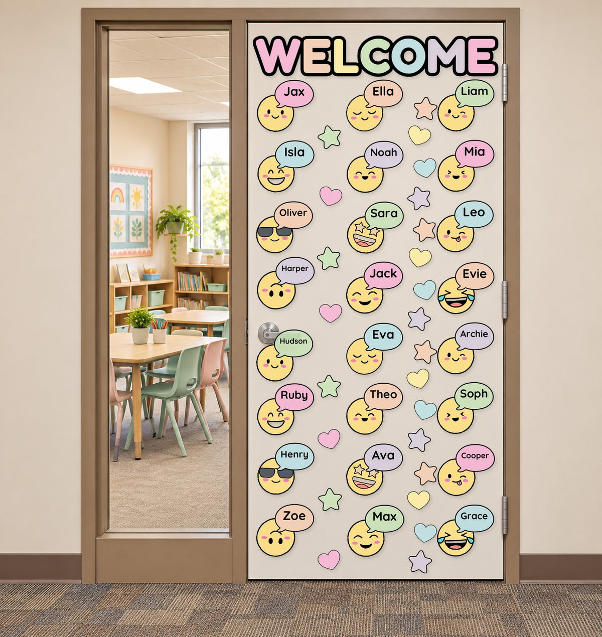 Classroom door display with emoji faces and speech bubbles on a door, Bright colours