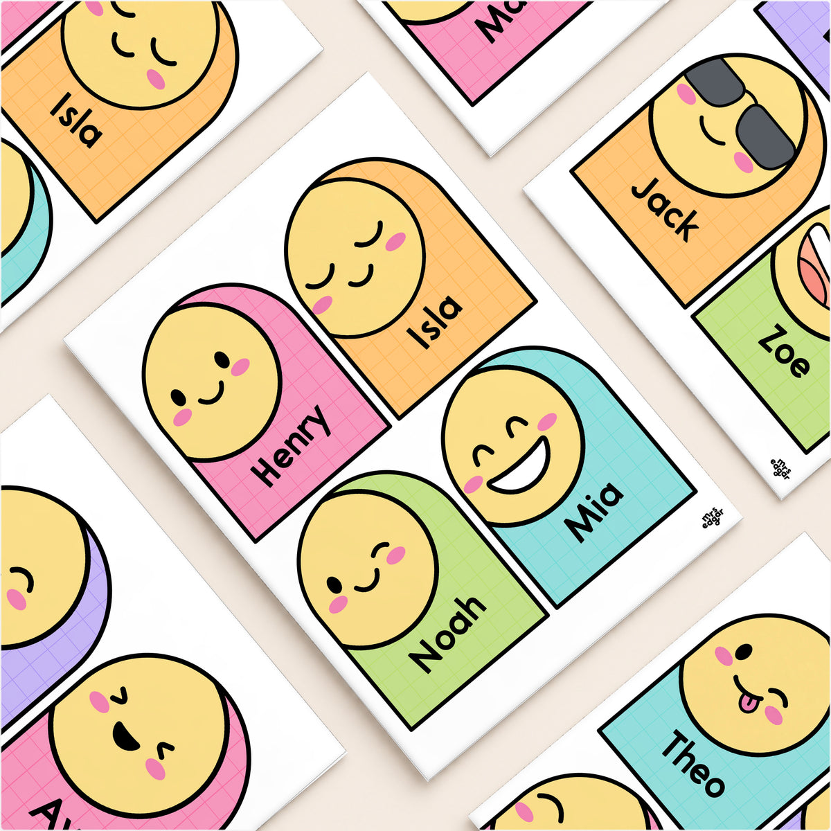 Easy-cut emoji name cards, Bright colours