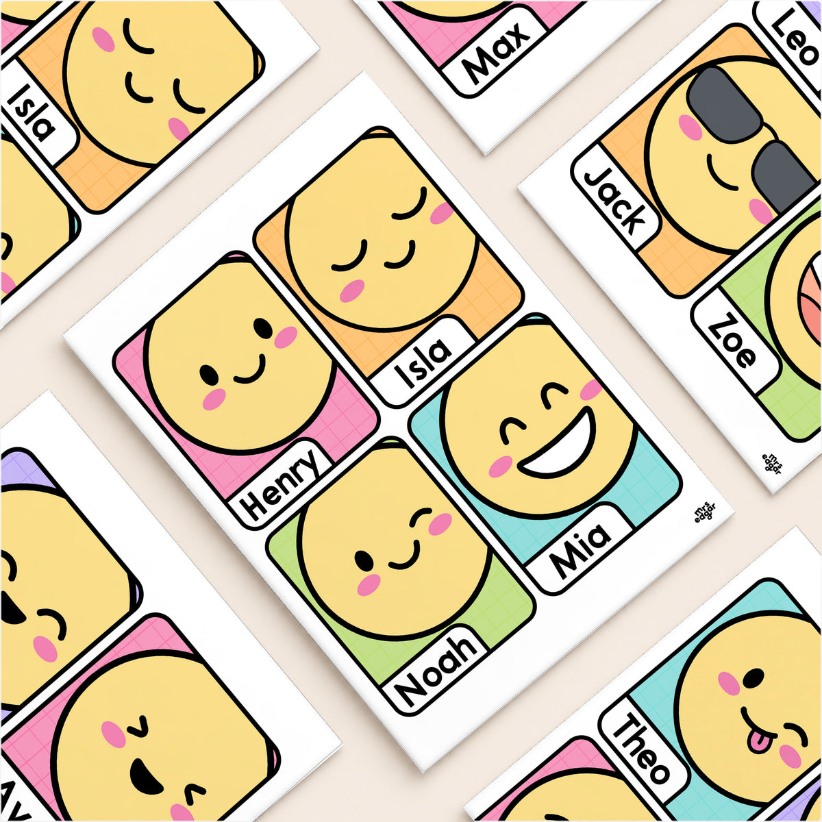 Big-face emoji name cards, Bright colours