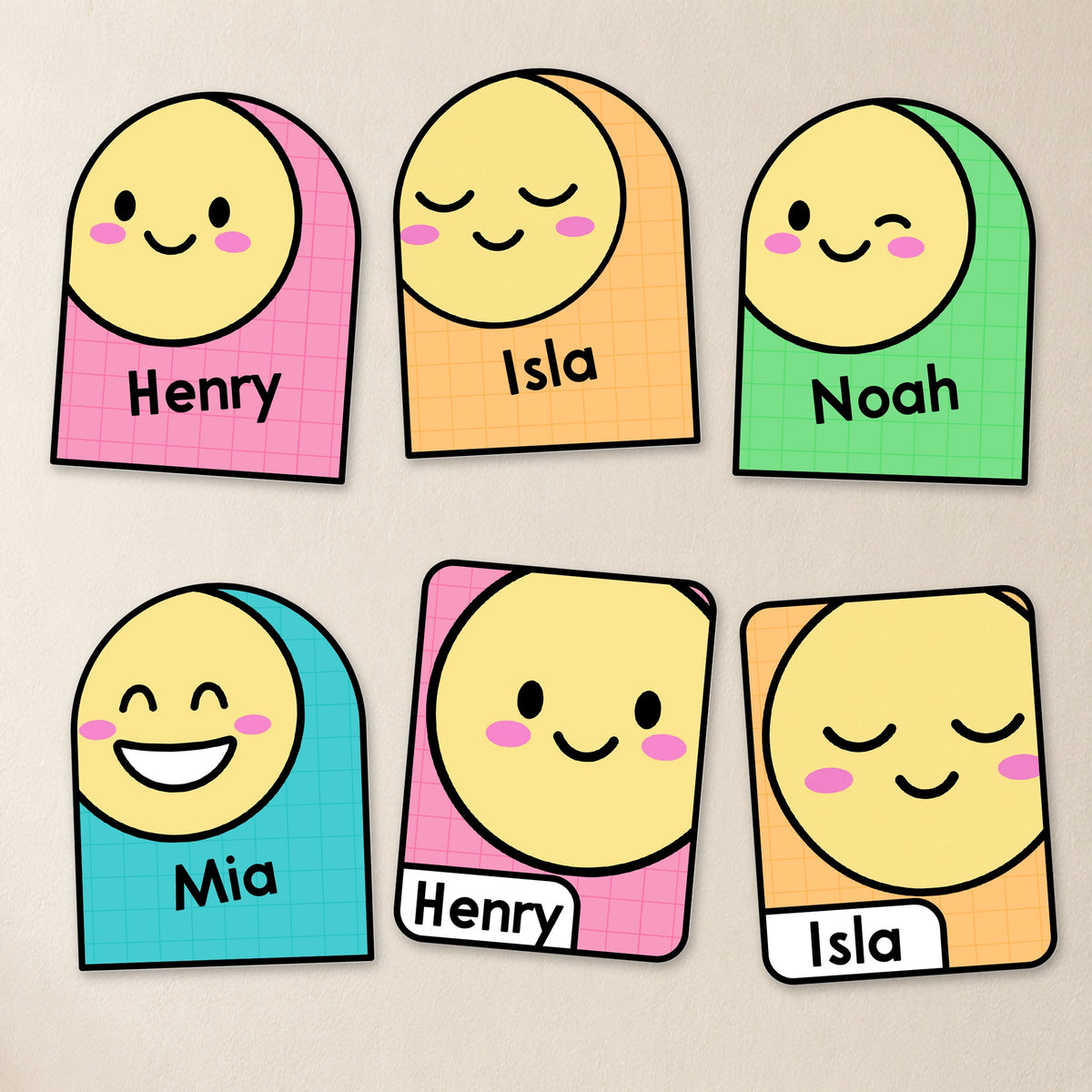 Emoji name cards cut out, Bright colours