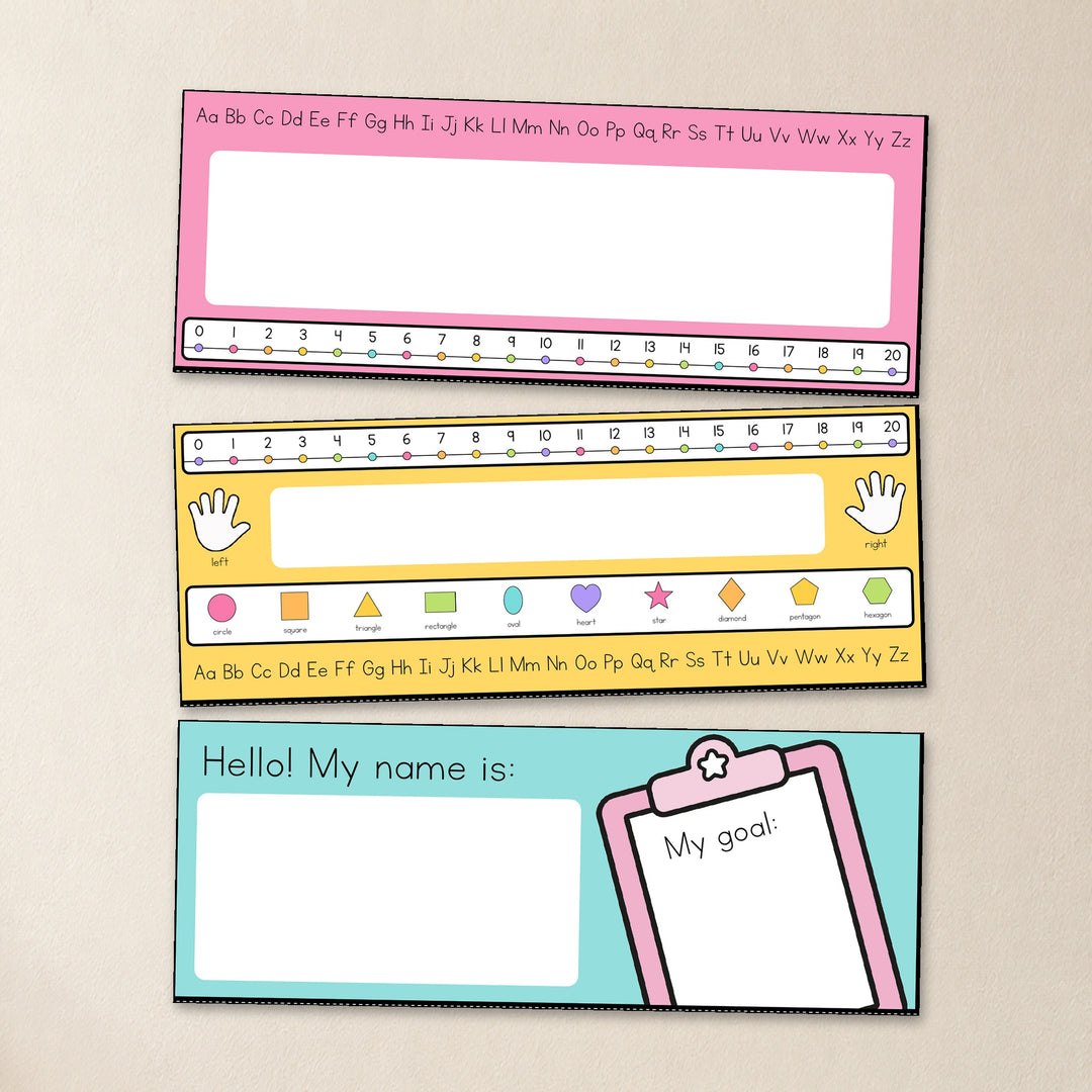 Three desk plates shown large, Bright colours