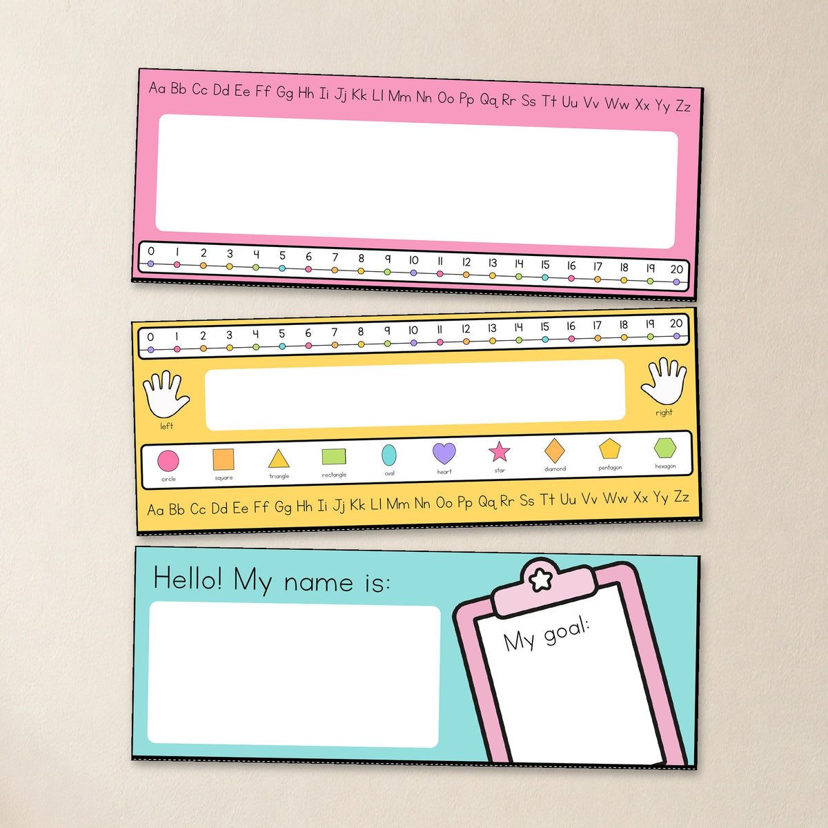 Three desk plates shown large, Bright colours