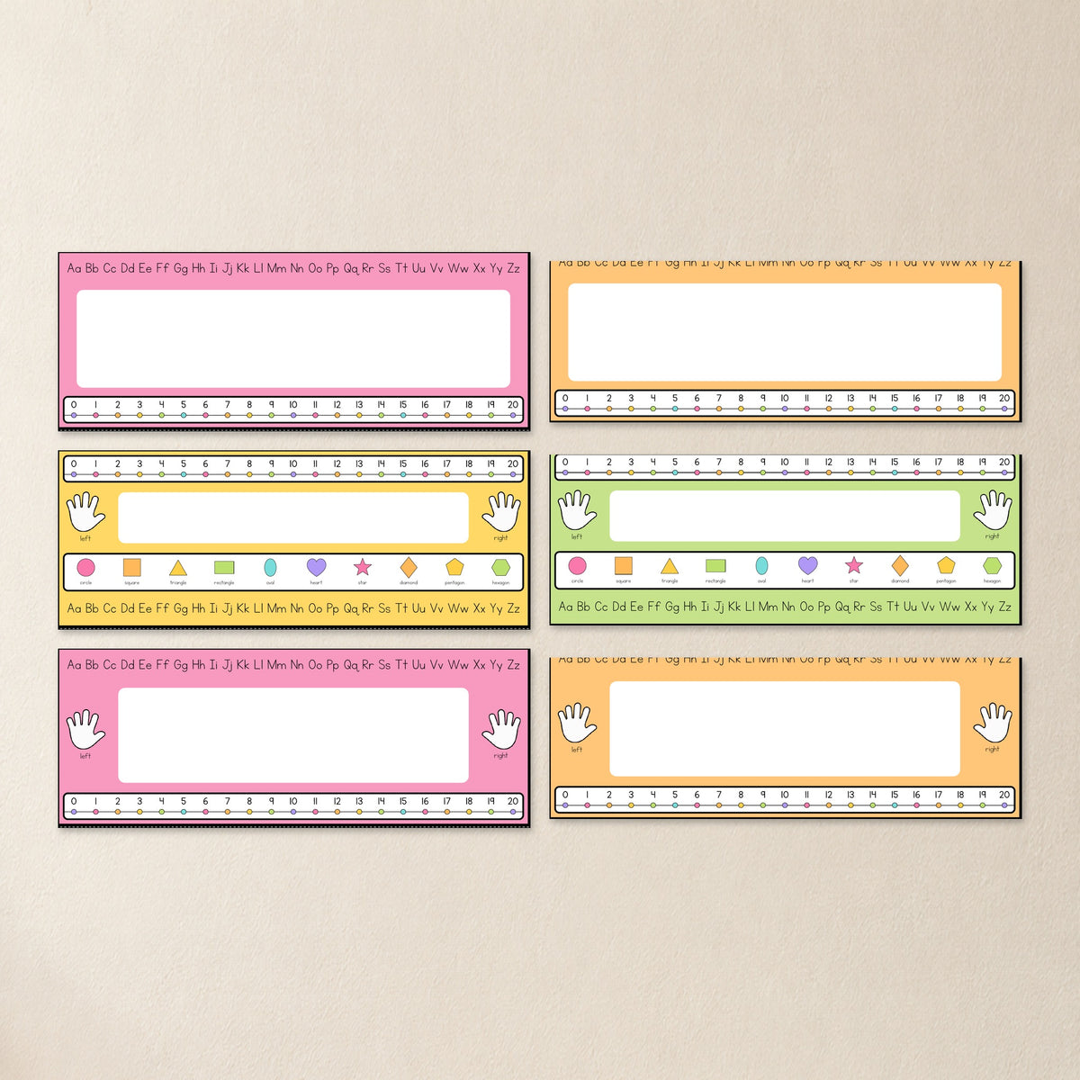 Desk plate with alphabet and number lines, Bright colours