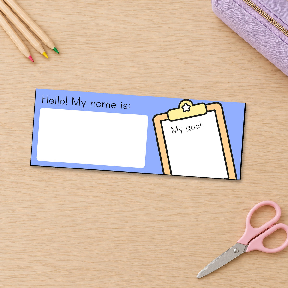 Desk plate with name and goal on a student desk, Bright colours