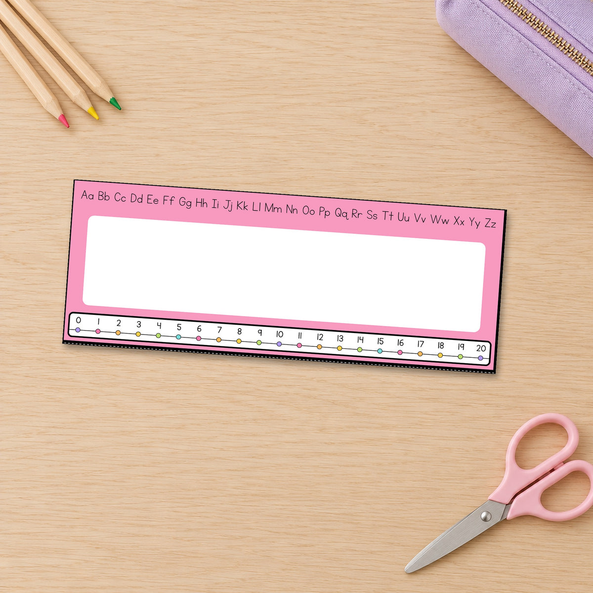 Number line desk plate on a student desk, Bright colours
