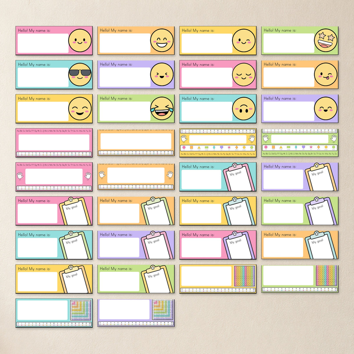 Contact sheet of all 34 desk plate pages, Bright colours