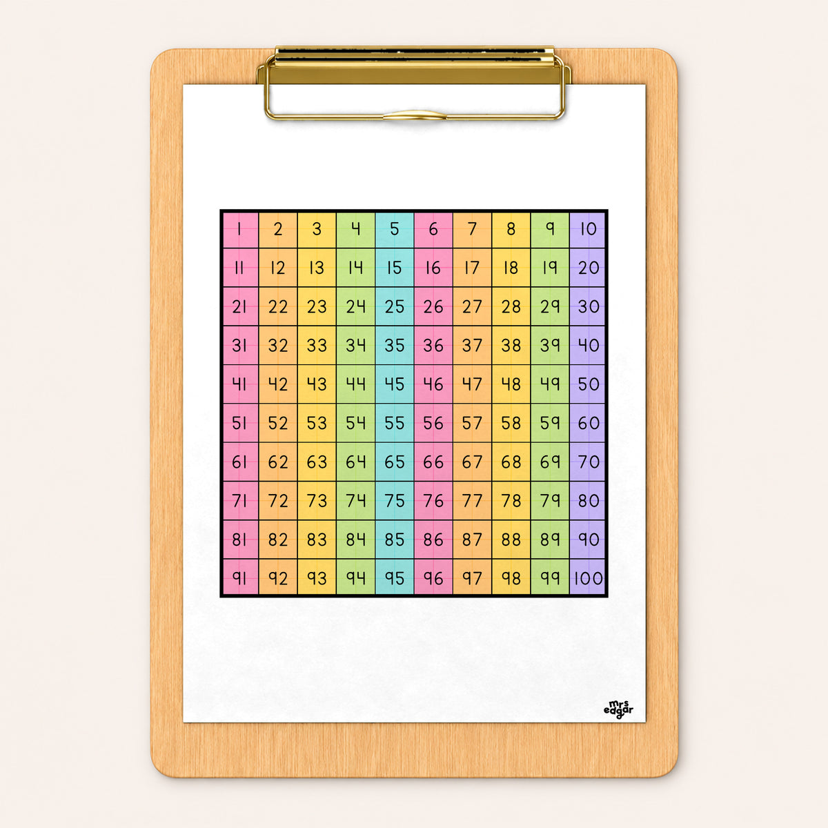 Hundreds chart on a clipboard, Bright colours