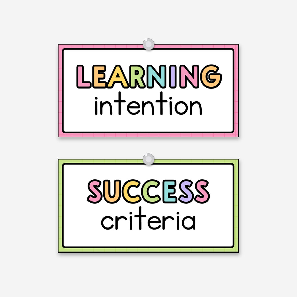 Rainbow-caps Learning Intentions and Success Criteria signs pinned up as a pair, Bright colours
