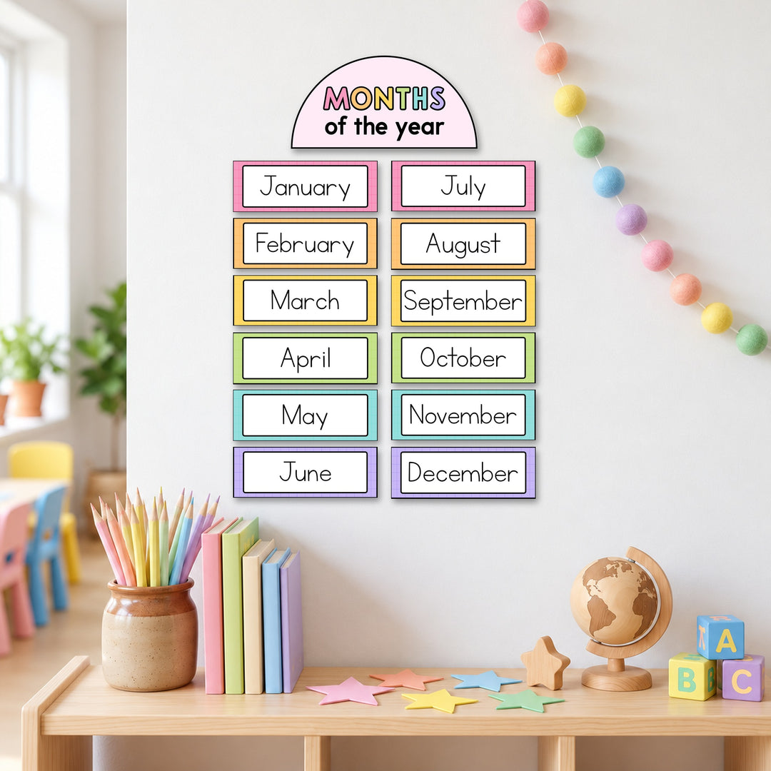 Months of the Year cards displayed in two columns on a wall, Bright colours